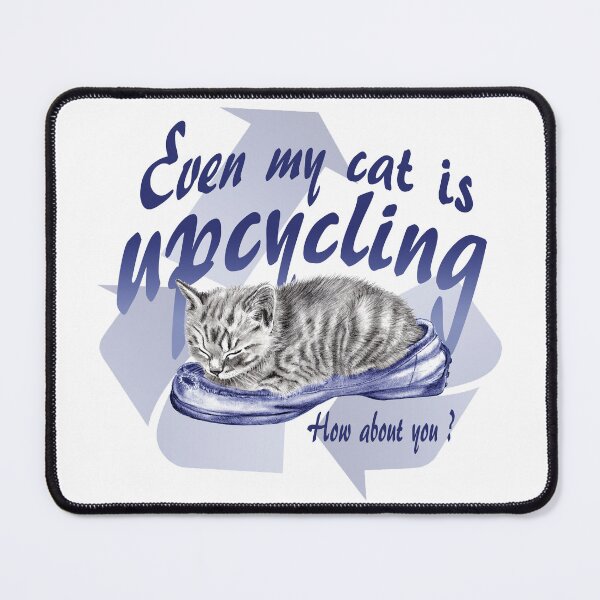 Item preview, Sleeping kitten in old shoe - graphite version, Upcycling text in blue colorized English designed and sold by SylvieG18.