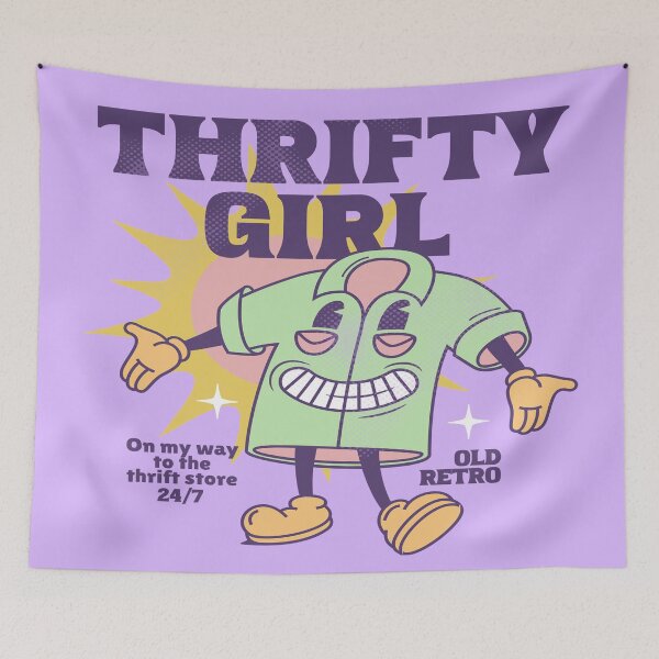 Item preview, Thrifty girl purple old retro shirt mascot vintage shopping thrift store designed and sold by MetalicBabe.