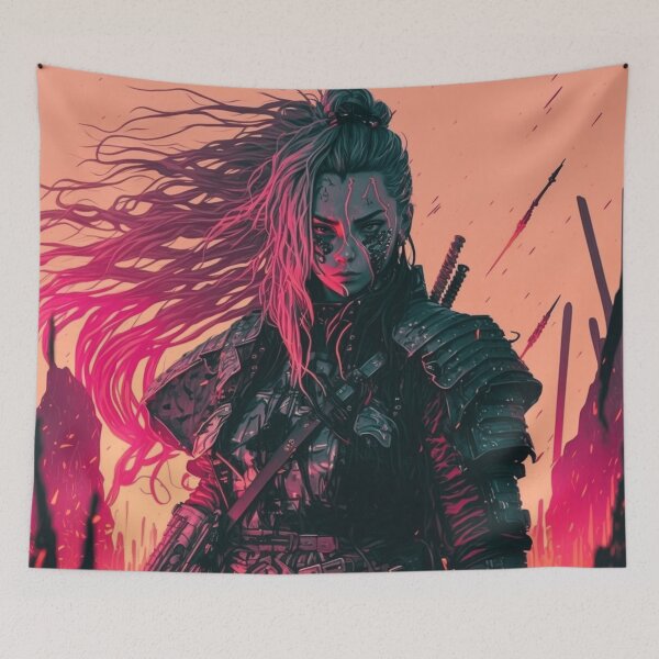 Item preview, 80s Cyberpunk Female Samurai On A Battlefield designed and sold by Nightarcade.