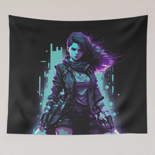 Item preview, Cyberpunk Girl On Blue Neon Background designed and sold by Nightarcade.