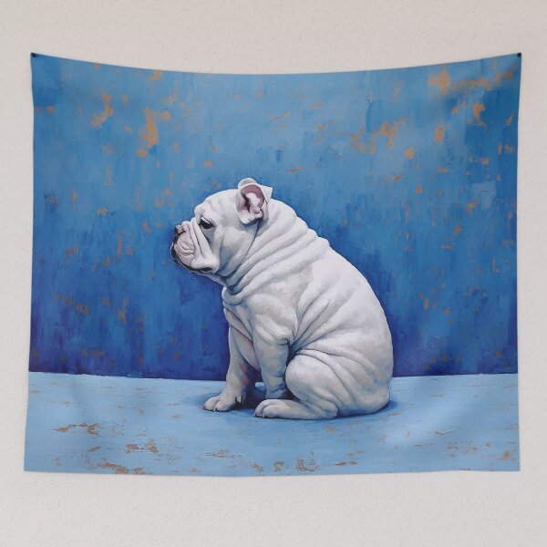 Item preview, White Bulldog Sitting At Blue Wall designed and sold by YoPedro.