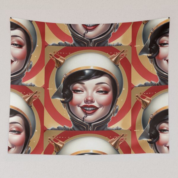 Aperçu de l'œuvre Sourire dans l'espace, science-fiction, art rétro, pop art, pin-up créée et vendue par GueloStudio.