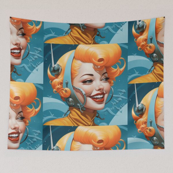 Aperçu de l'œuvre Sourire dans l'espace, science-fiction, art rétro, pop art, pin-up créée et vendue par GueloStudio.