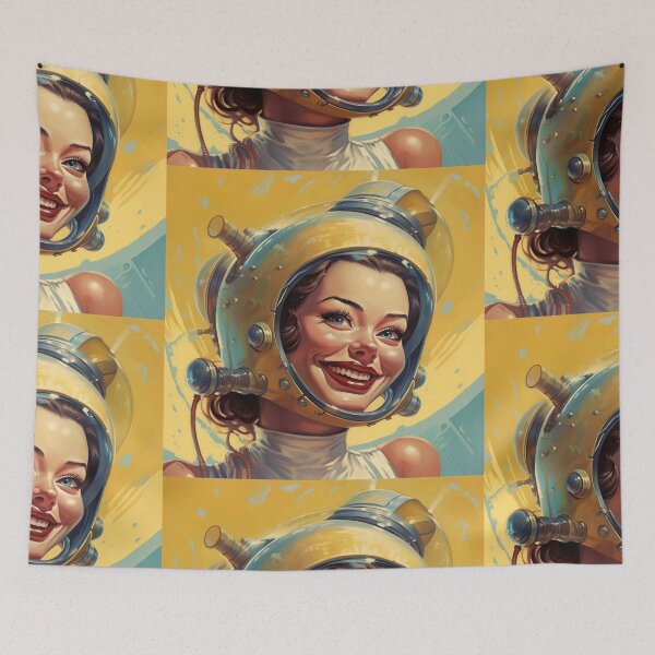 Aperçu de l'œuvre Sourire dans l'espace, science-fiction, art rétro, pop art, pin-up créée et vendue par GueloStudio.