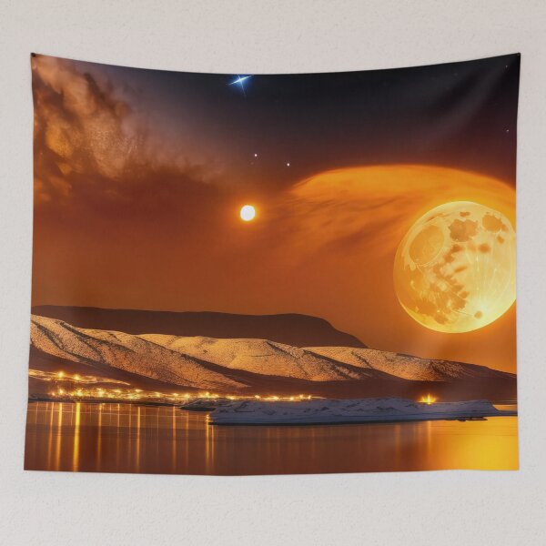 Item preview, Golden Moon and Distant Sun Over Fantasy Dune Coastline Under an Impressive Galaxy Night Sky designed and sold by SunnyMcKenzie.