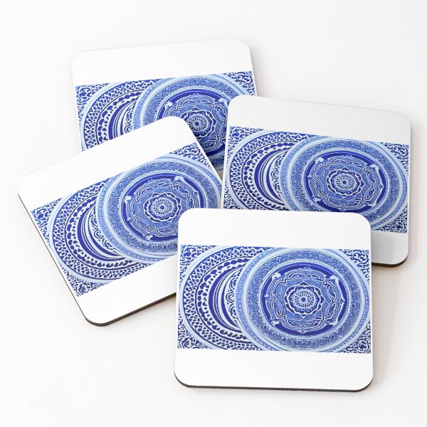 Item preview, Blue and white mandala swirl linograph folk art designed and sold by Earth Nature Creations.