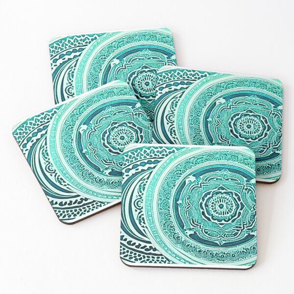 Item preview, Teal and white mandala swirl linograph folk art designed and sold by Earth Nature Creations.