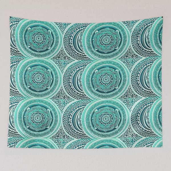 Item preview, Teal and white mandala swirl linograph folk art designed and sold by Earth Nature Creations.