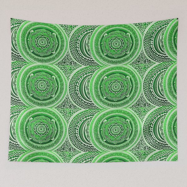 Item preview, Green and white mandala swirl linograph folk art designed and sold by Earth Nature Creations.