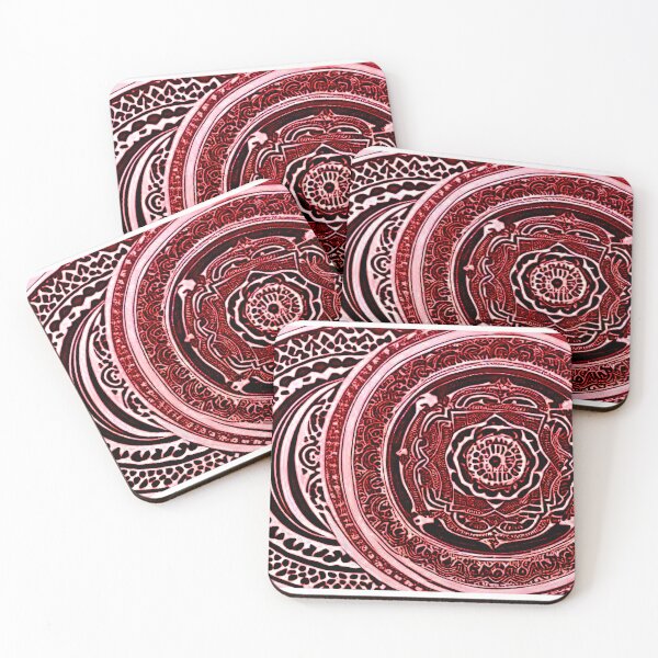 Item preview, Red and white mandala swirl linograph folk art designed and sold by Earth Nature Creations.