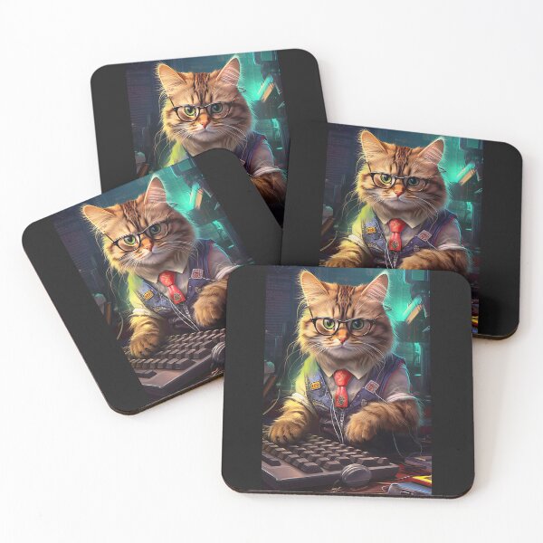 Item preview, A nerdy cat wearing goggles wearing a jeans vest with a tie next to a computer keyboard,cat, animals, cap, cartoon, beautiful, cute, personification, kittencat, kittenkitty designed and sold by Hermossa-Art.