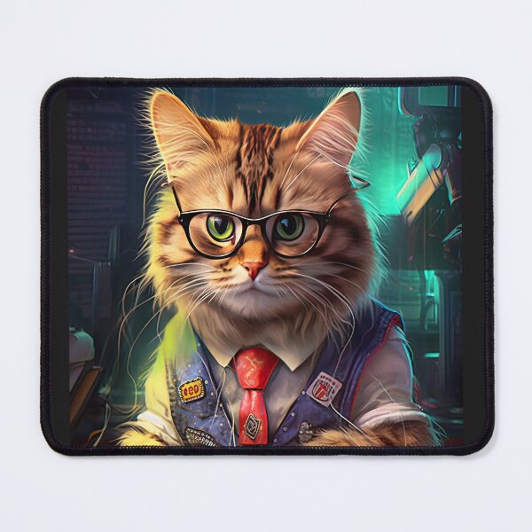 Item preview, A nerdy cat wearing goggles wearing a jeans vest with a tie next to a computer keyboard,cat, animals, cap, cartoon, beautiful, cute, personification, kittencat, kittenkitty designed and sold by Hermossa-Art.