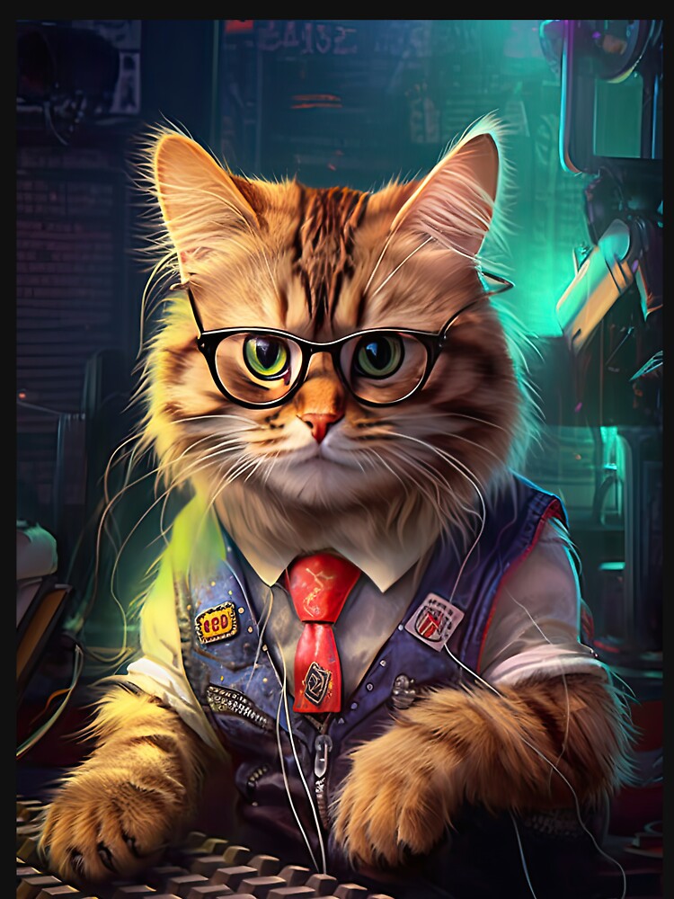 A nerdy cat wearing goggles wearing a jeans vest with a tie next to a  computer keyboard,cat, animals, cap, cartoon, beautiful, cute,  personification,