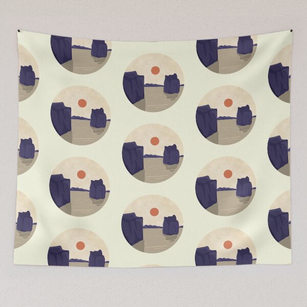 Item preview, Minimalist sky and sea over rock formations round sticker designed and sold by DozyJov.