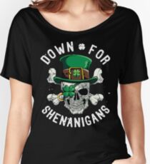 Down for Shenanigans T shirt St Patricks Day Funny Skull Tee Women's Relaxed Fit T-Shirt