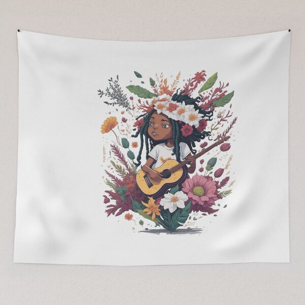 Item preview, Rastafari girl of dreadlock hair playing guitar in flower splash designed and sold by Sashindra Wijayarathna.