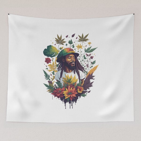 Item preview, Rastafari guy of dreadlock hair covered with flowers and marijuana leaves designed and sold by Sashindra Wijayarathna.