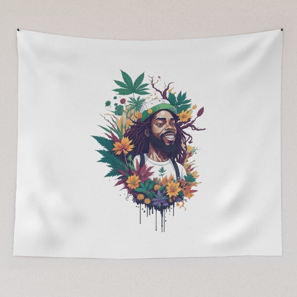Item preview, Rastafari guy of dreadlock hair covered with flowers and marijuana leaves designed and sold by Sashindra Wijayarathna.