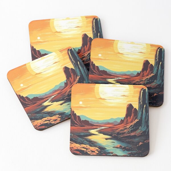 Item preview, Art: In An Alien Landscape With Valleys And Mountains. Light Amber And Azure. Romantic Riverscapes designed and sold by GiveMeMood.