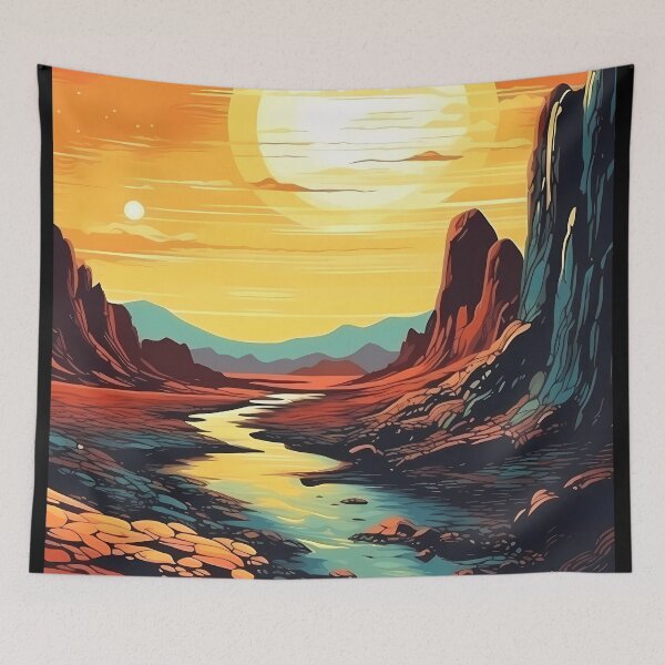 Item preview, Art: In An Alien Landscape With Valleys And Mountains. Light Amber And Azure. Romantic Riverscapes designed and sold by GiveMeMood.