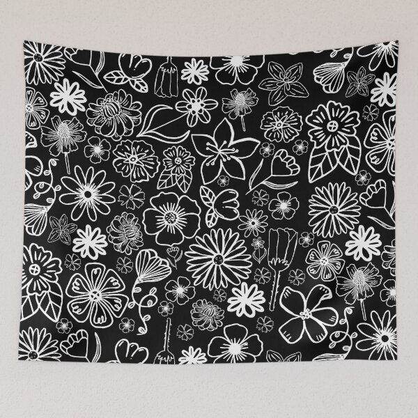 Item preview, Black and White Doodle Flowers (on black)  designed and sold by maddydoodlesoup.