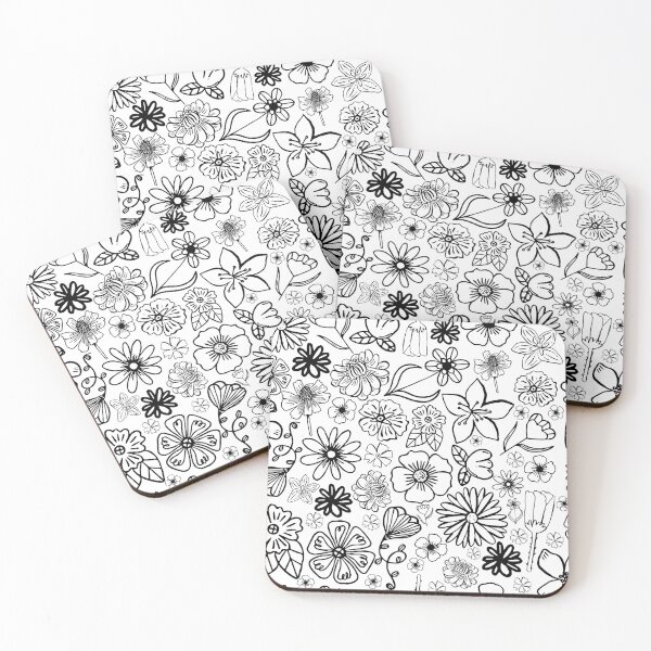 Item preview, Black and White Doodled Florals (black flowers on white background)  designed and sold by maddydoodlesoup.