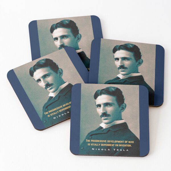 Item preview, Nikola Tesla portrait and quote. The progressive development of man is vitally dependent on invention. designed and sold by artbleed.
