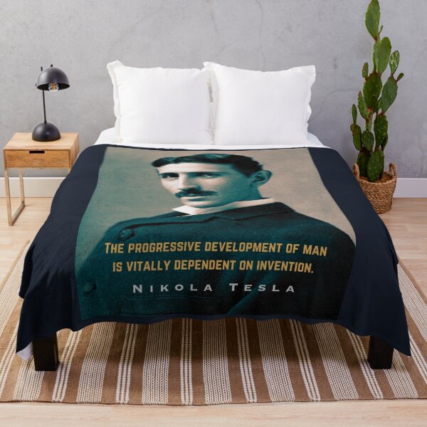 Item preview, Nikola Tesla portrait and quote. The progressive development of man is vitally dependent on invention. designed and sold by artbleed.