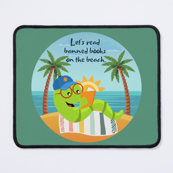 Item preview, "Let's read banned books on the beach" bookworm designed and sold by Write-to-Rebel.