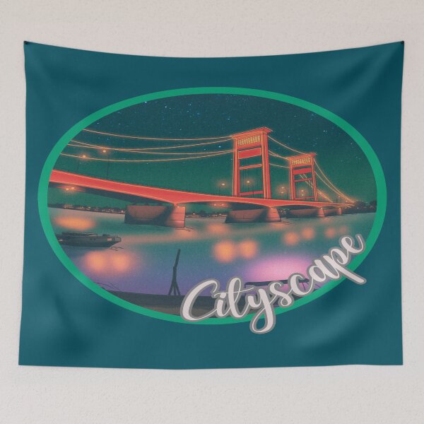 Item preview, Cityscape, Illustration of night landscape with city view and illuminated suspension bridge. designed and sold by Malogue.