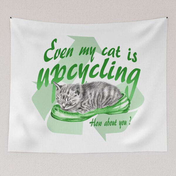 Item preview, Sleeping kitten in old shoe - graphite version, Upcycling text in English colorized green designed and sold by SylvieG18.