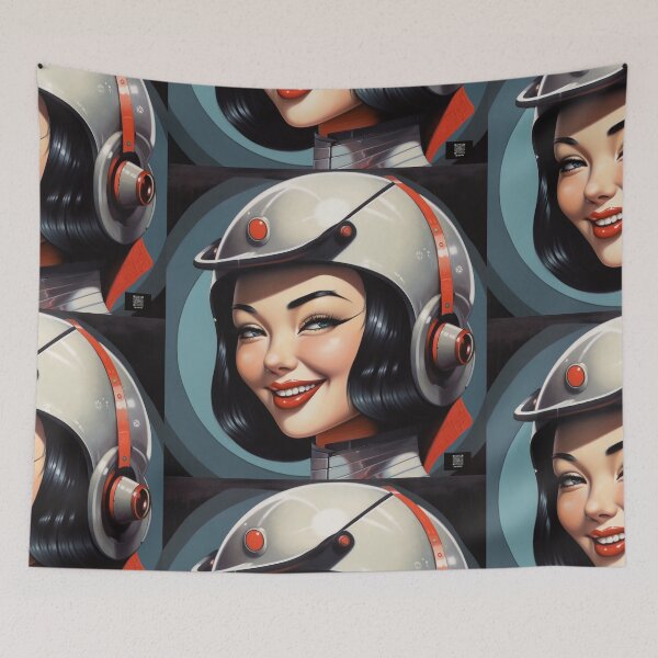 Aperçu de l'œuvre Sourire dans l'espace, science-fiction, art rétro, pop art, pin-up créée et vendue par GueloStudio.