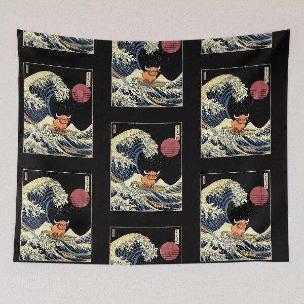 Item preview, Scottish Highland Cow Kanagawa Japanese Surfing Wave designed and sold by rafaeltto.