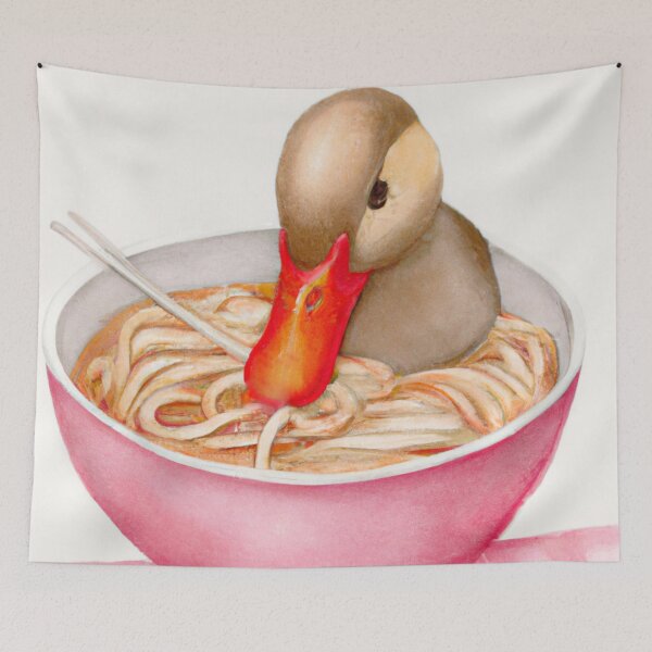 Item preview, Adorable duck sitting on a of bowl eating noodle-Edited AI generated art designed and sold by Frostp.