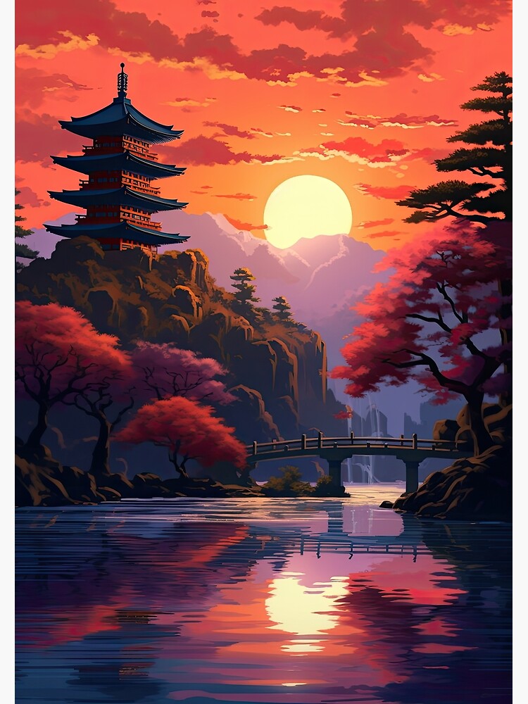 注目ブランド Japan River Sunset Bridge 絵画
