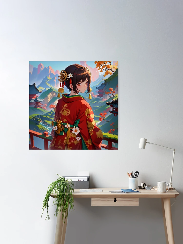 Anime girl in red kimono sticker, cherry blossoms, anime girl  portrait,Japanese traditional costume, anime fan art Sticker for Sale by  DeepikaSingh