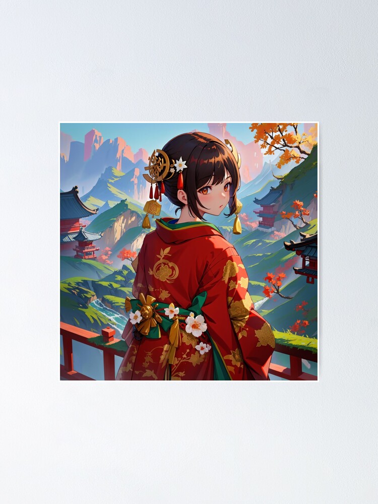 Poster flyer anime manga girls in kimono holding Vector Image