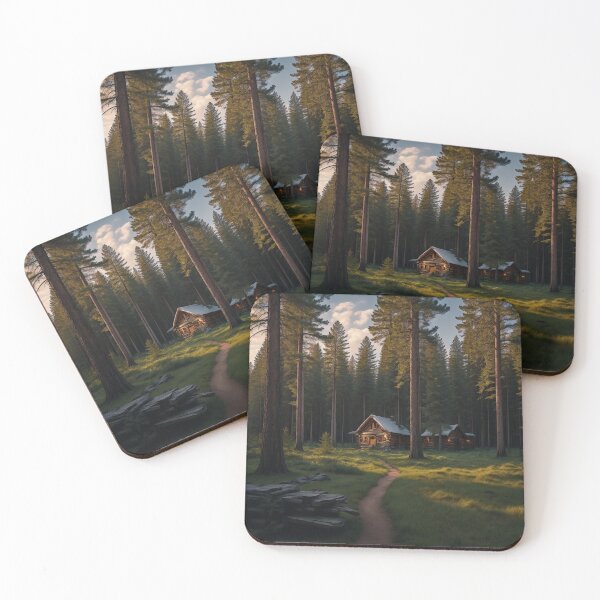 Item preview, Pine Forest Landscapes with Rustic Cabins, Ai Generated Art designed and sold by AiGens.