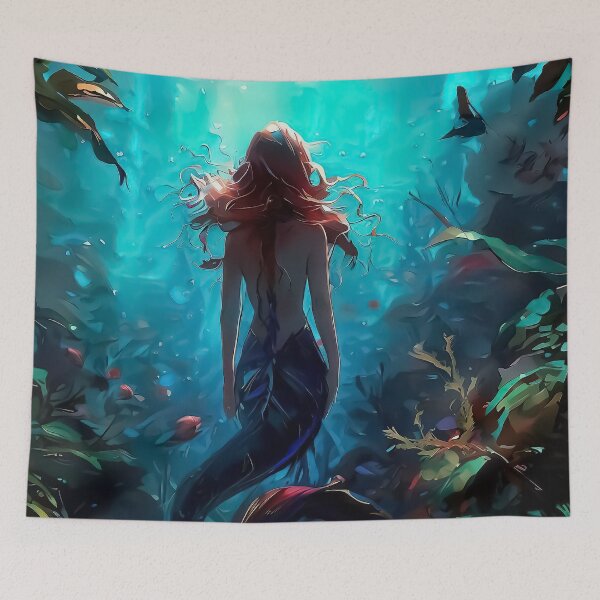 Item preview, Beautiful female mermaid in underwater plants garden world painting designed and sold by TomFrontierArt.