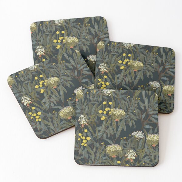 Item preview, Beautiful Native Australian wallpaper for bookcovers and homewares. Dense branches of eucalypt leaves with wattle buds and blossoms on dark background 2 designed and sold by NatTex.