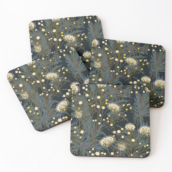 Item preview, Beautiful Native Australian wallpaper for bookcovers and homewares. Dense branches of eucalypt leaves with wattle buds and blossoms on dark background 3 designed and sold by NatTex.