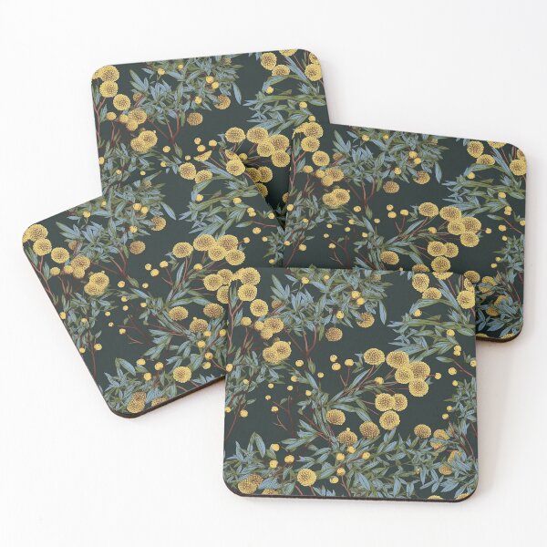 Item preview, Beautiful Native Australian wallpaper for bookcovers and homewares. Dense branches of eucalypt leaves with wattle buds and blossoms on dark background 4 designed and sold by NatTex.