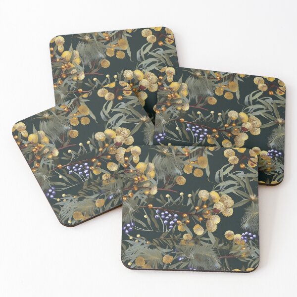 Item preview, Beautiful Native Australian wallpaper for bookcovers and homewares. Dense branches of eucalypt leaves with wattle buds and blossoms on dark background 5 designed and sold by NatTex.