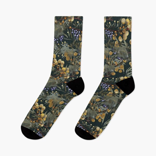 Item preview, Beautiful Native Australian wallpaper for bookcovers and homewares. Dense branches of eucalypt leaves with wattle buds and blossoms on dark background 5 designed and sold by NatTex.