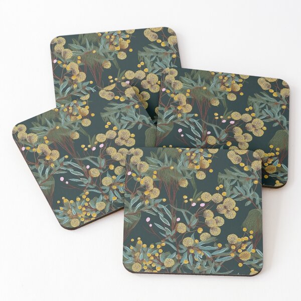 Item preview, Beautiful Native Australian wallpaper for bookcovers and homewares. Dense branches of eucalypt leaves with wattle buds and blossoms on dark background 6 designed and sold by NatTex.
