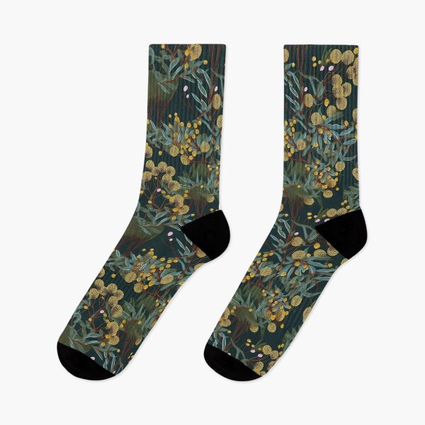 Item preview, Beautiful Native Australian wallpaper for bookcovers and homewares. Dense branches of eucalypt leaves with wattle buds and blossoms on dark background 6 designed and sold by NatTex.