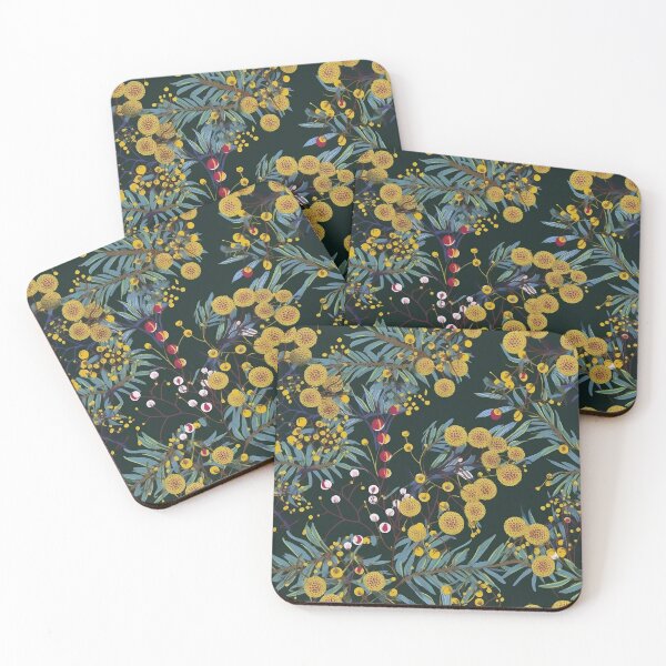 Item preview, Beautiful Native Australian wallpaper for bookcovers and homewares. Dense branches of eucalypt leaves with wattle buds and blossoms on dark background 7 designed and sold by NatTex.