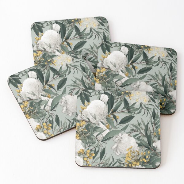 Item preview, Beautiful Native Australian wallpaper for bookcovers and homewares. Dense branches of eucalypt leaves with wattle buds and blossoms on dark background 8 designed and sold by NatTex.