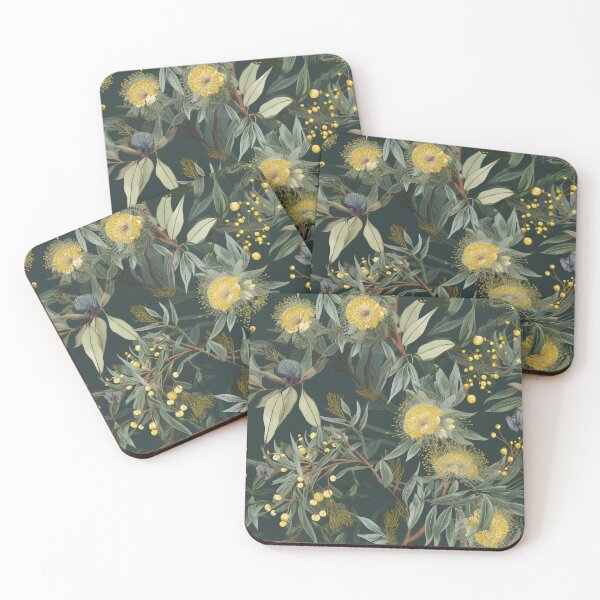 Item preview, Beautiful Native Australian wallpaper for bookcovers and homewares. Dense branches of eucalypt leaves with wattle buds and blossoms on dark background 9 designed and sold by NatTex.