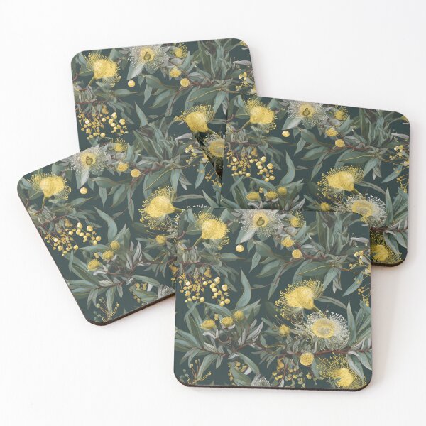 Item preview, Beautiful Native Australian wallpaper for bookcovers and homewares. Dense branches of eucalypt leaves with wattle buds and blossoms on dark background 10 designed and sold by NatTex.